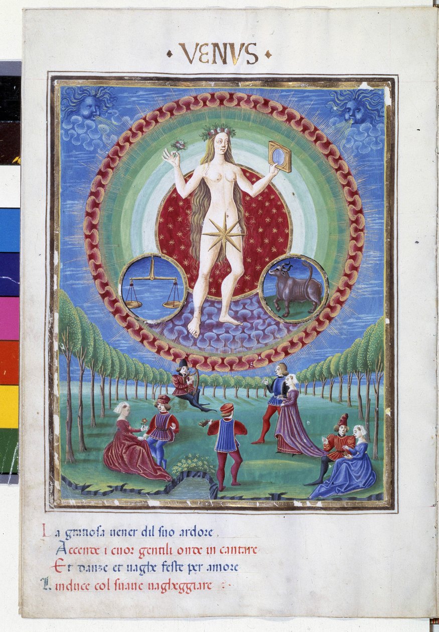 Kom med stjernetegnene balanse og okse. I underetasjen, de galante scenene. Miniatyr laget av Cristoforo de Predis (v. 1440-v. 1486) - i “” De Sphaera””” d'Este. Rundt 1470. Biblioteca Estense, Modene. av Cristoforo De Predis