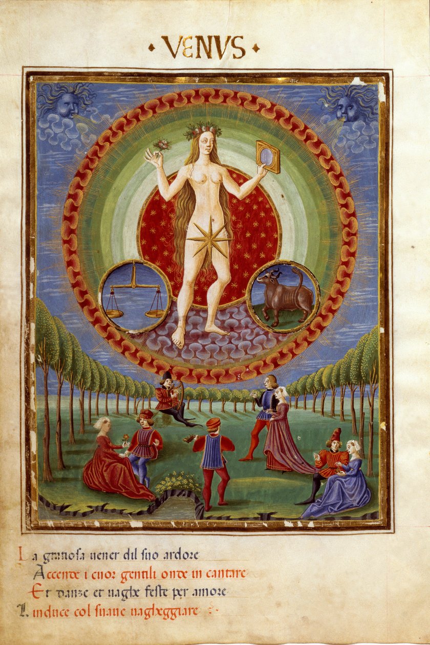 Kom med stjernetegnene balanse og okse. De galante scenene (miniatyr, ca. 1470) av Cristoforo De Predis