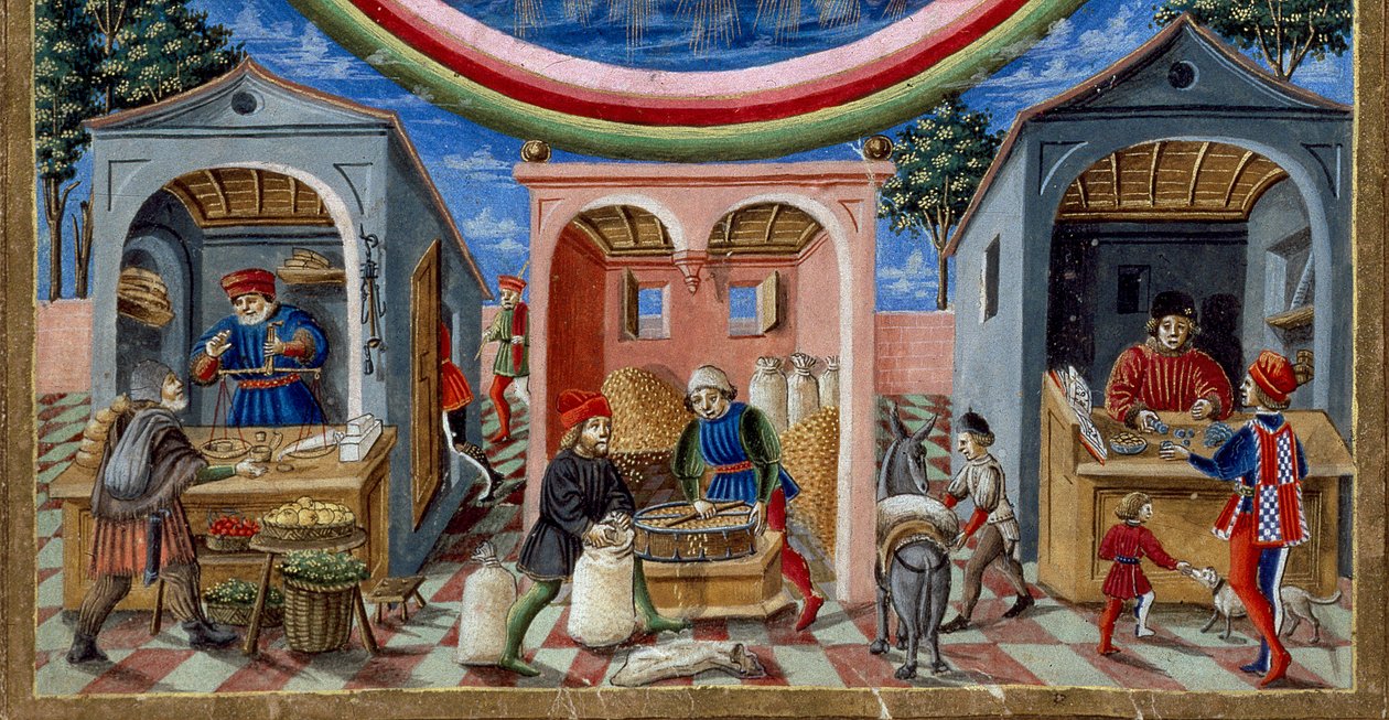 Detalj av kjøpmenn som selger forskjellige gjenstander: til venstre, en kjøpmann av frukt og grønnsaker, i midten en mølle som støper korn (miniatyr, ca. 1470) av Cristoforo De Predis