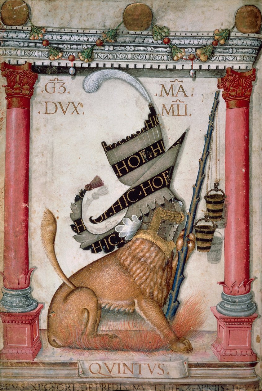 Heraldisk symbol som viser et emblem med en løve, gnister og bøtter av Galeazzo Maria Sforza, belyst side av Cristoforo de Predis fra Det nye testamentes Codex, varia 124, Italia 1475. av Cristoforo De Predis