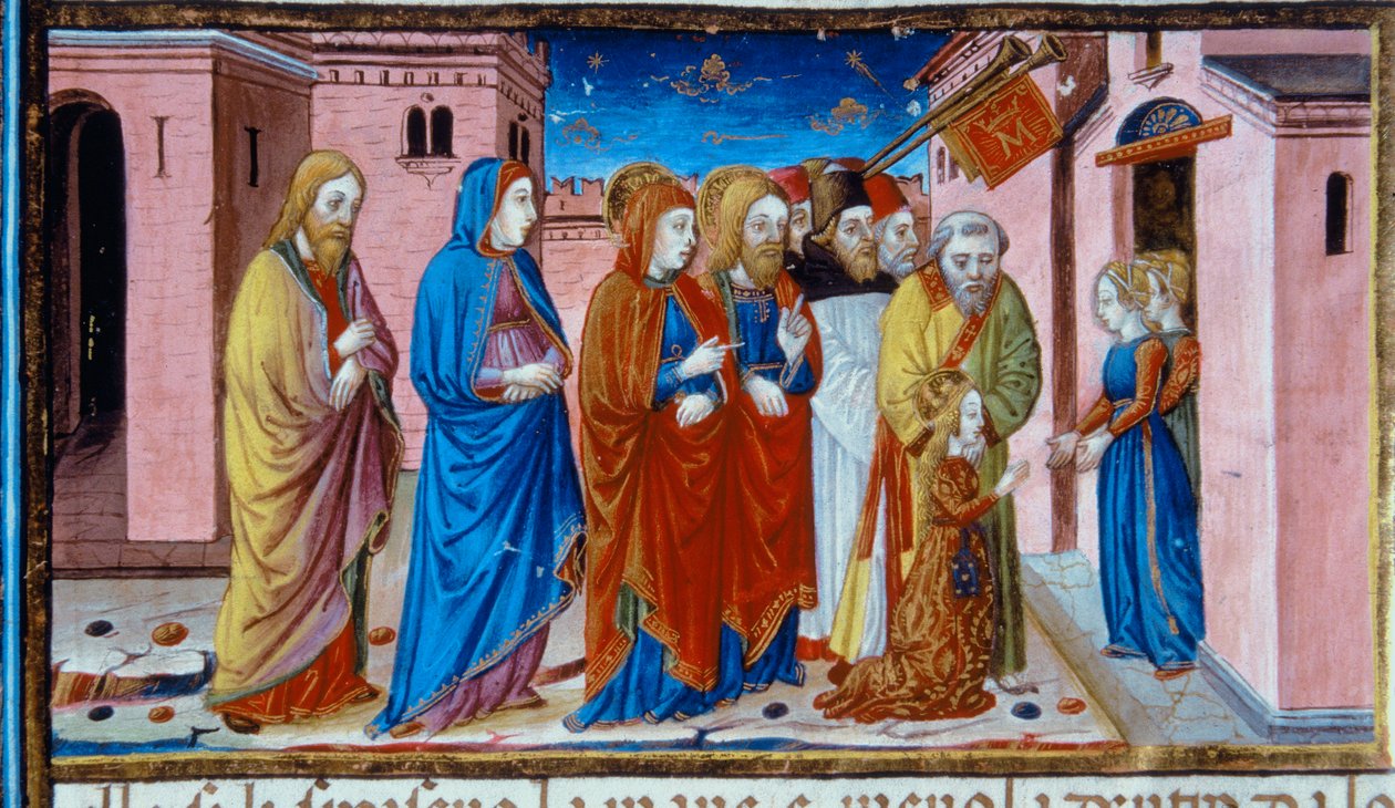 Belysning som viser Maria mottatt av templets jomfruer, i Codex De Predis (ca.15v) av Cristoforo De Predis