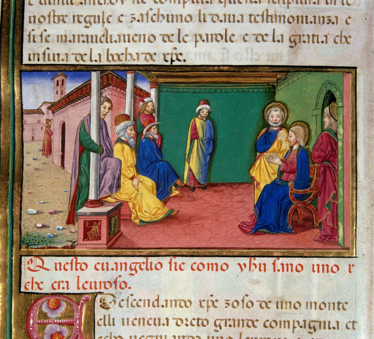 Jesus går til synagogen i Nasaret på en lørdag og leser boken til profeten Jesaja miniatyr av Cristoforo De Predis (1440-1486) etter historien til Det nye testamente av Cristoforo De Predis
