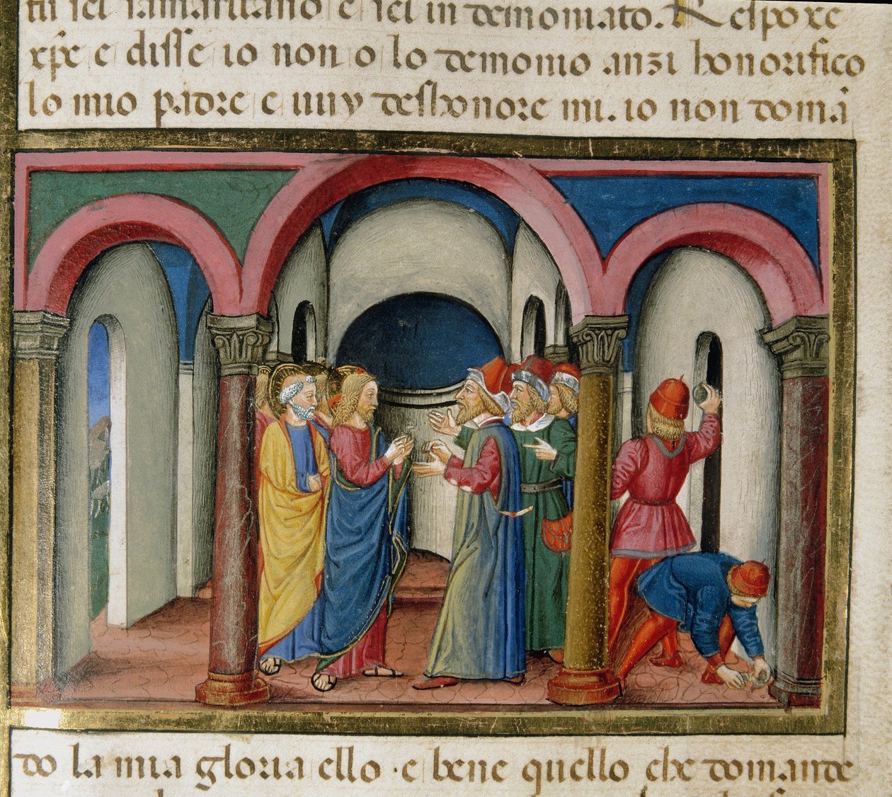 Jesus ble forelsket nær Salomos tempel av jøder som ba ham om å bevise sin miniatyridentitet til Cristoforo De Predis (1440-1486) etter historien til Det nye testamente av Cristoforo De Predis