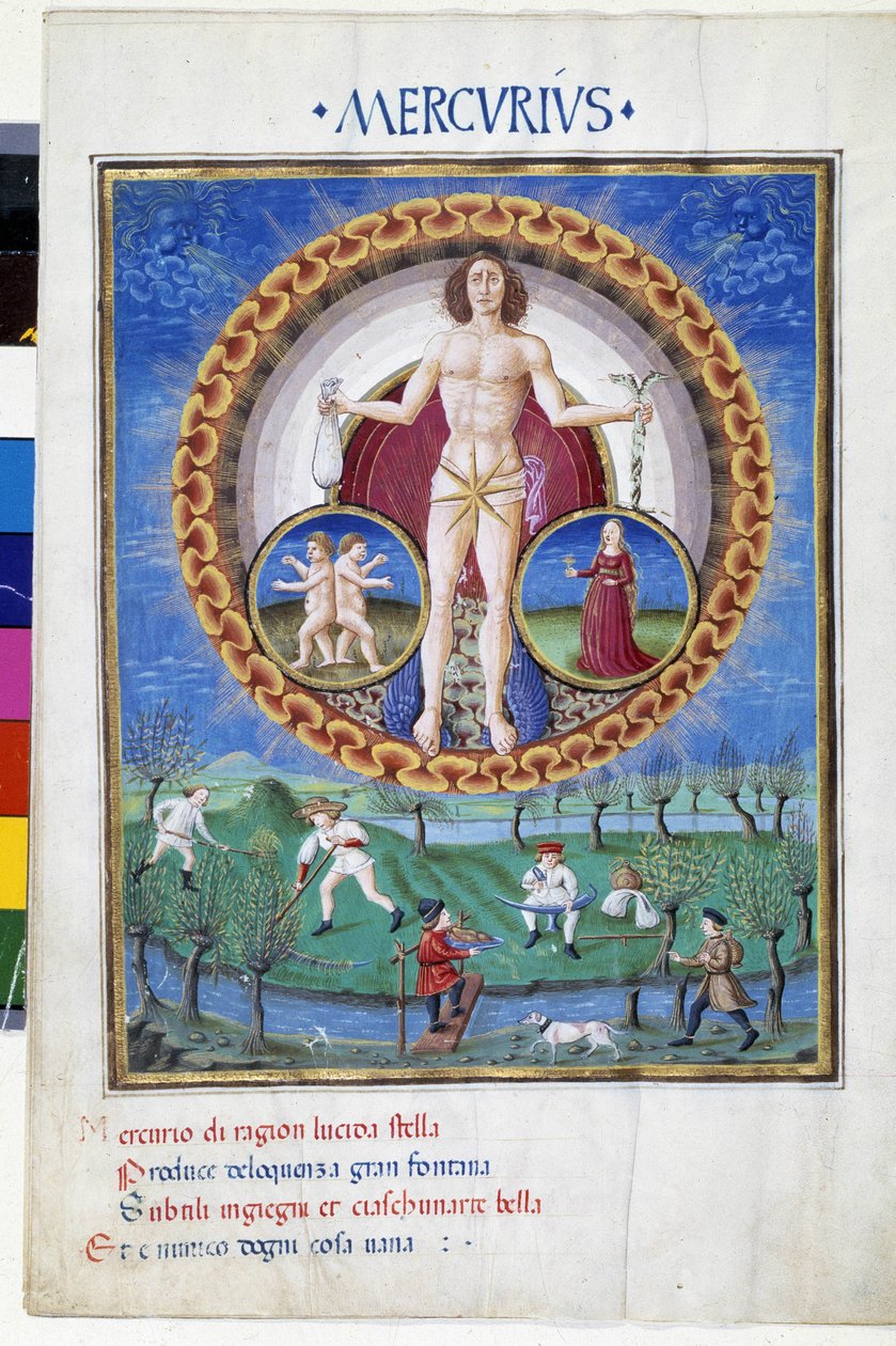 Merkur med tegn på dyrekretsen til Jomfruen og Gemels. I underetasjen jobber bønder på åkrene. Miniatyr laget av Cristoforo de Predis (v. 1440-v. 1486) - i “” De Sphaera””” d'Este. Rundt 1470. Biblioteca Estense, Modene. av Cristoforo De Predis