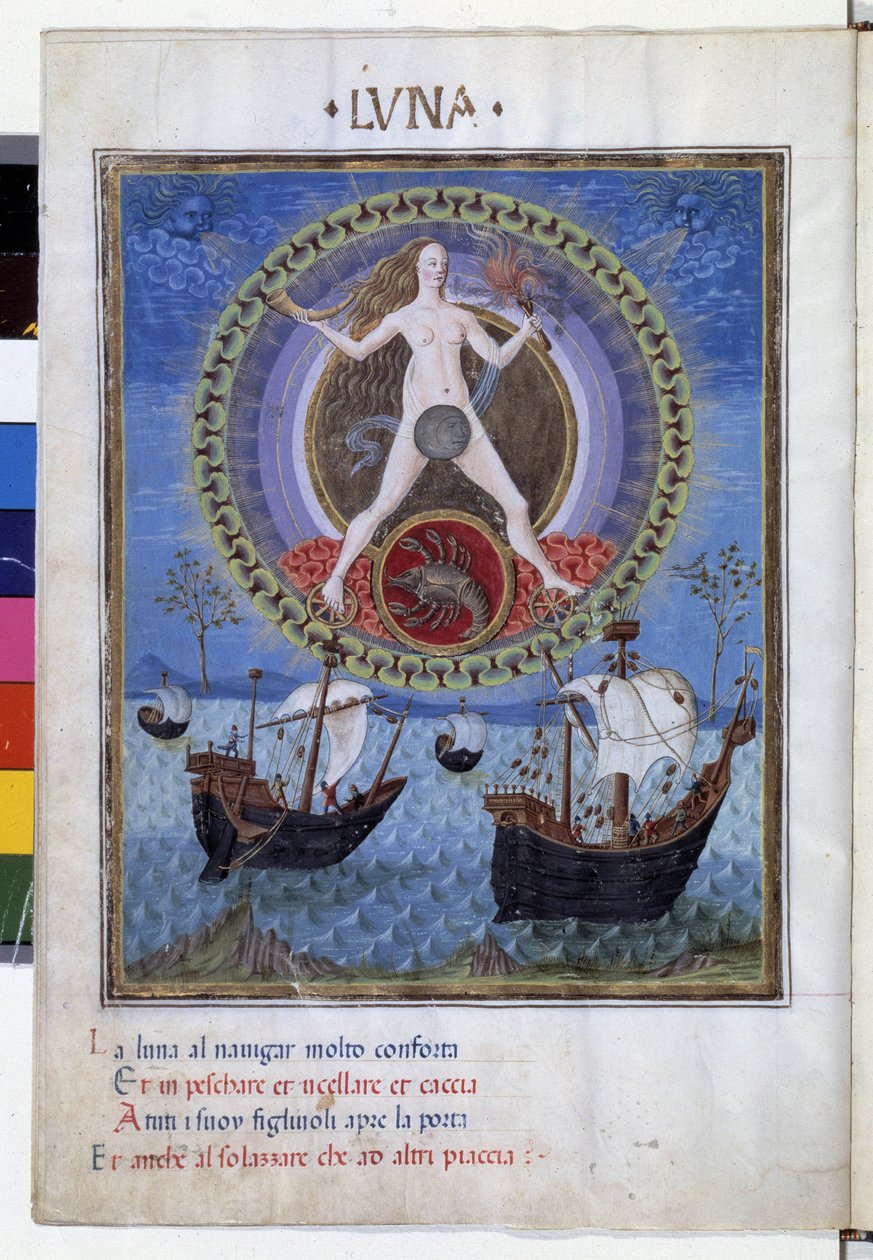 Månen med stjernetegnet på kreft. I underetasjen, båter under den stigende mareen. Miniatyr laget av Cristoforo de Predis (v. 1440-v. 1486) - i “” De Sphaera””” d