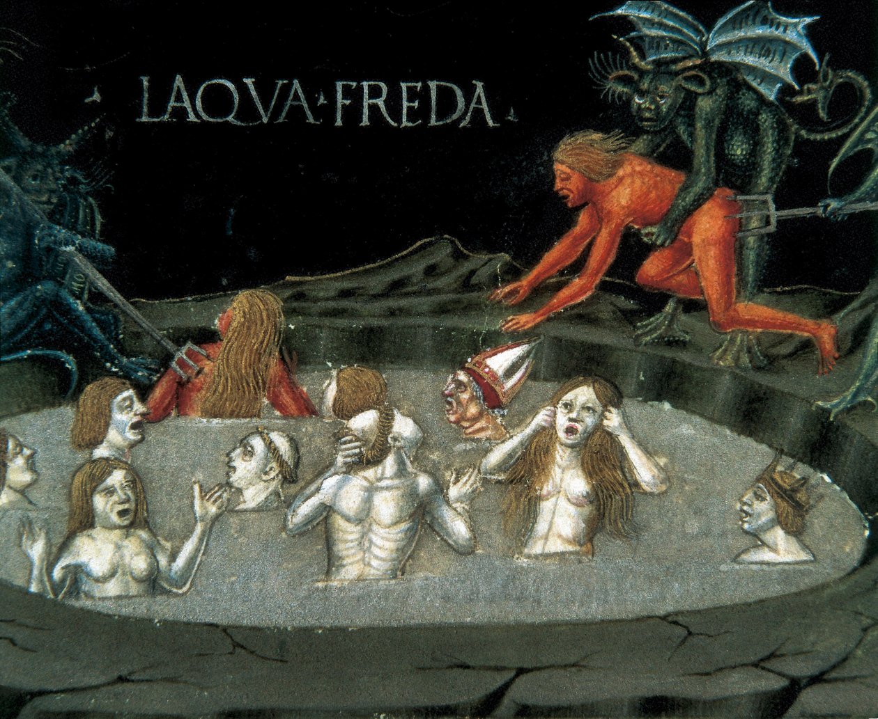 Representasjon av en sirkel av underverden: damnes i kaldt vann. Miniatyr av Cristoforo De Predis (1440-1486) fra historien til Det nye testamente av Cristoforo De Predis