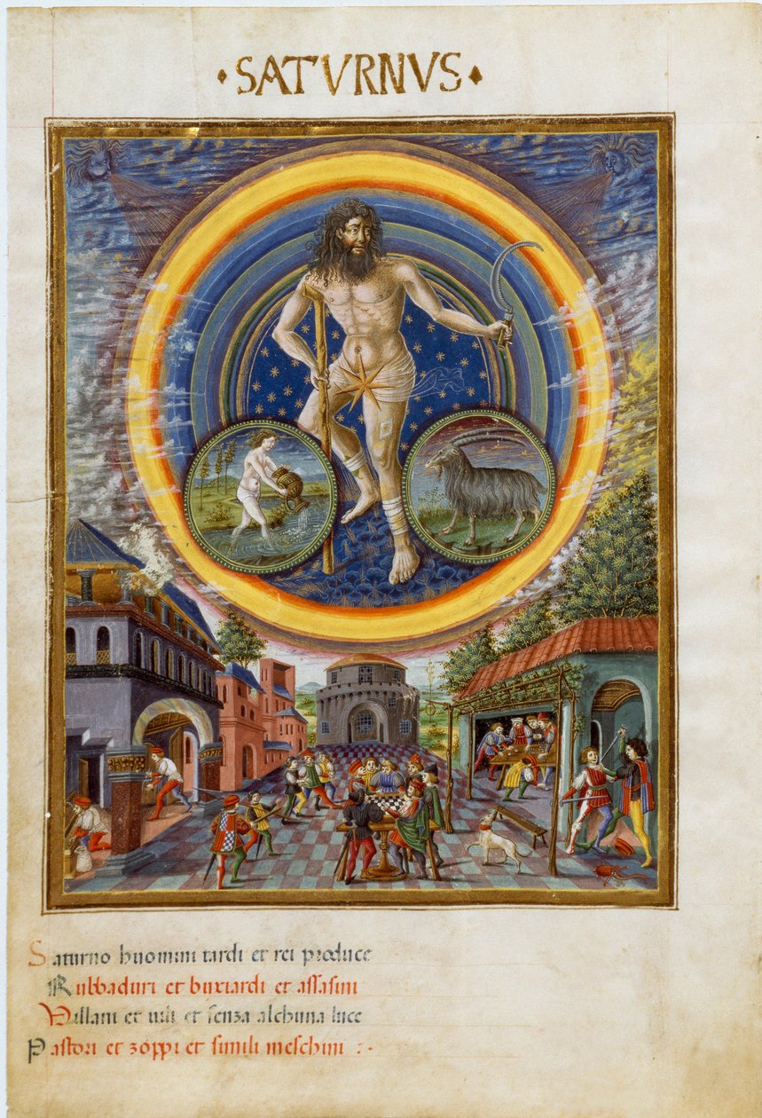Saturn med stjernetegn på vannmannen og steinbukken. Spillscenene og dens innflytelse på menn. (miniatyr, ca. 1470) av Cristoforo De Predis