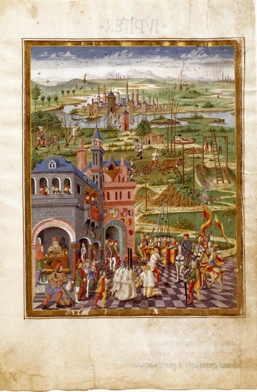 Scene med tortur og overbevisning i en middelalderby. Påvirkninger av Saturn (miniatyr, ca. 1470) av Cristoforo De Predis