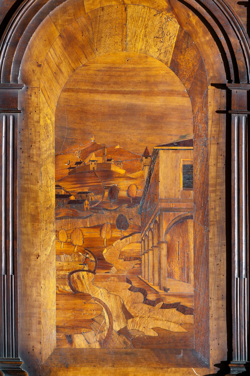 Landskap, Intarsia, detalj av trekoret av Cristoforo and Giuseppe Da Venetiis