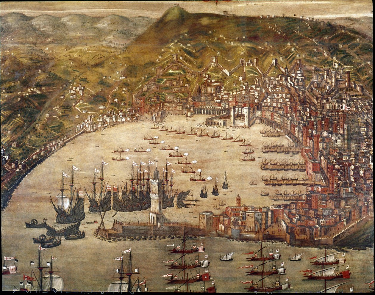 Utsikt over byen og havnen i Genova, med skip som kommer inn i den. (Olje på lerret av Cristoforo Grassi or Grasso