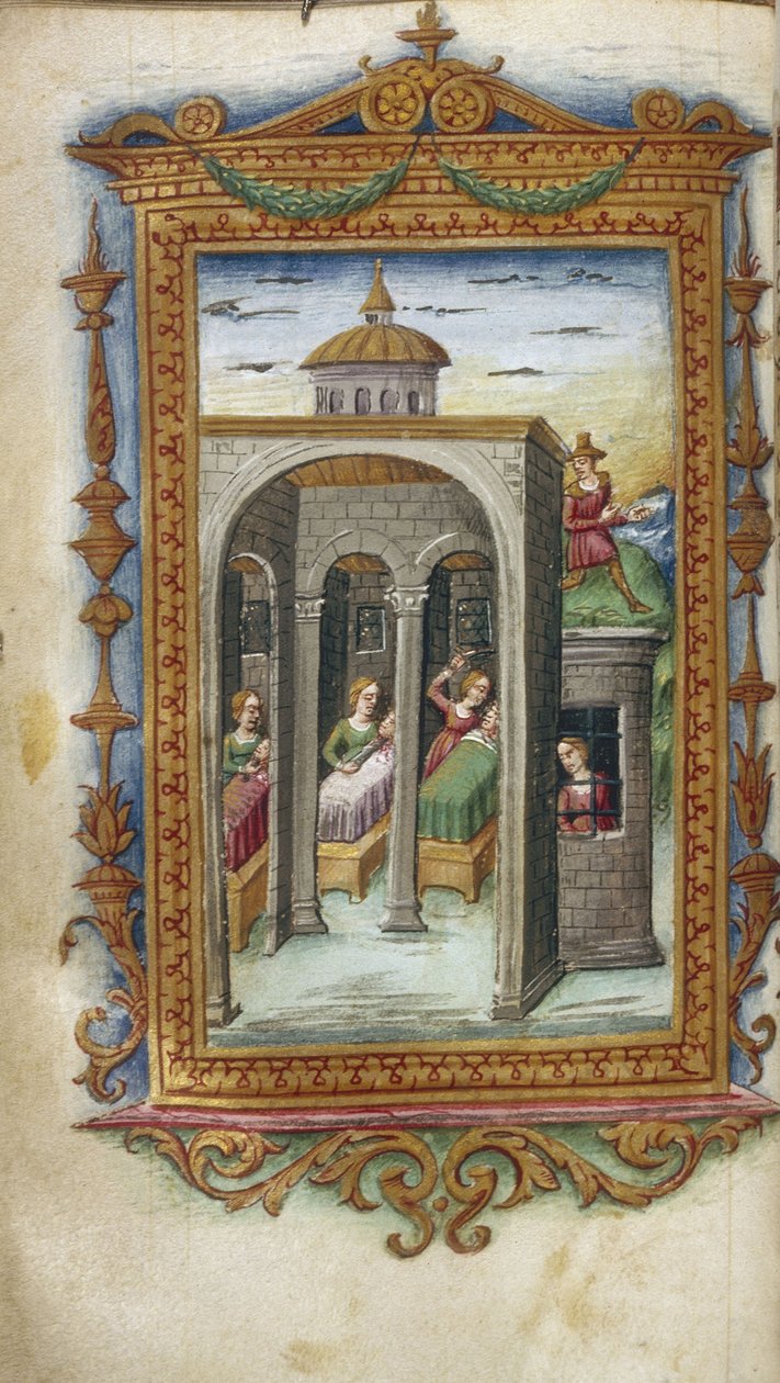 Døtre av Danaus myrder ektemennene sine. Hypermnestra i fengsel Illustrasjon for The Heroides av Ovid, 1485-1499 av Cristoforo Majorana