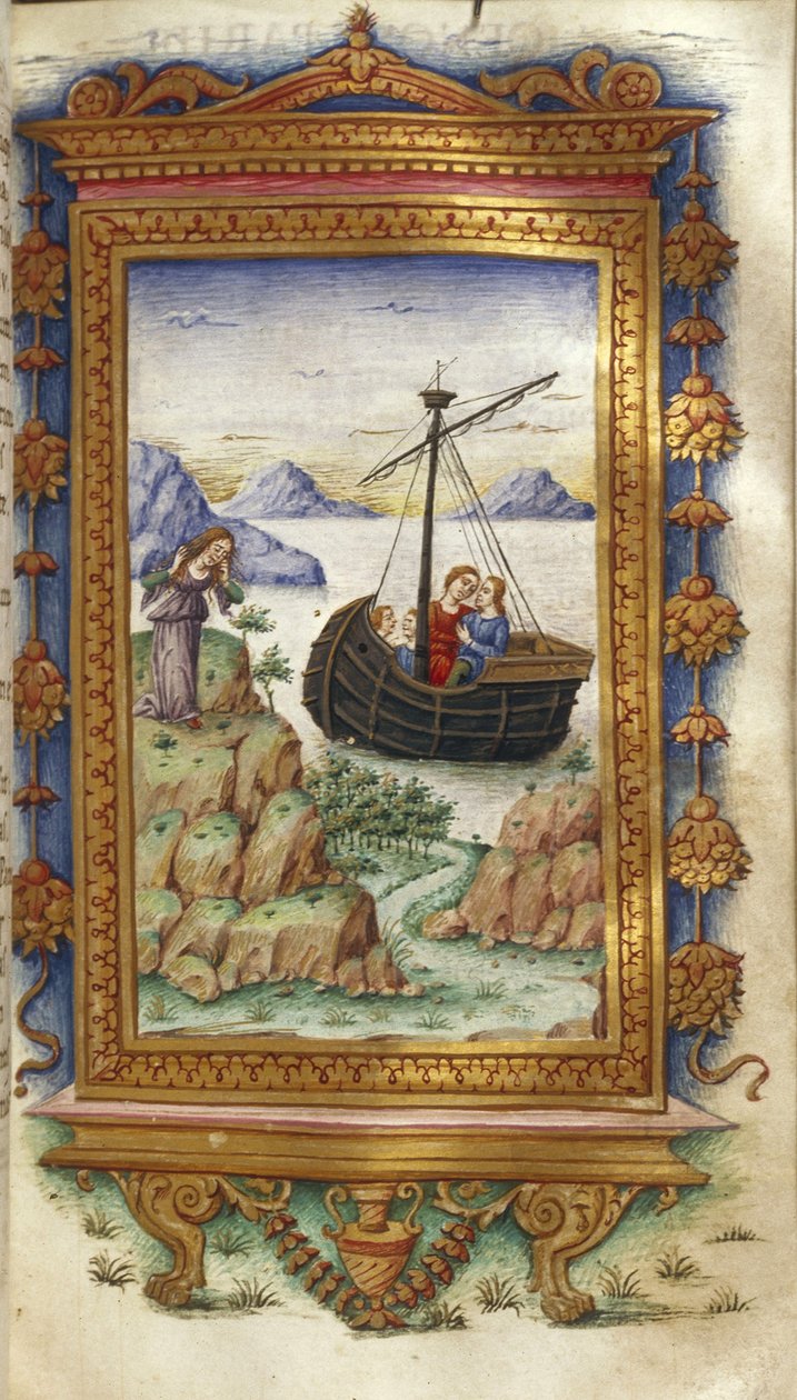 Oenone sørger ved synet av Paris med Helen Illustrasjon for The Heroides av Ovid, 1485-1499 av Cristoforo Majorana