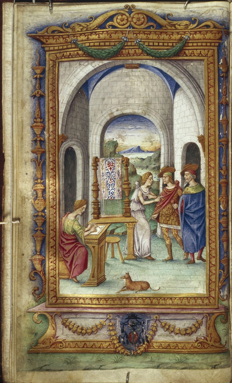Penelope-skriving, Telemachus og Laertes illustrasjon for The Heroides av Ovid, 1485-1499 av Cristoforo Majorana