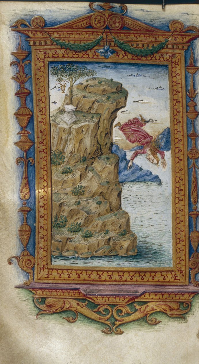 Sappho kaster seg i havet Illustrasjon for The Heroides av Ovid, 1485-1499 av Cristoforo Majorana