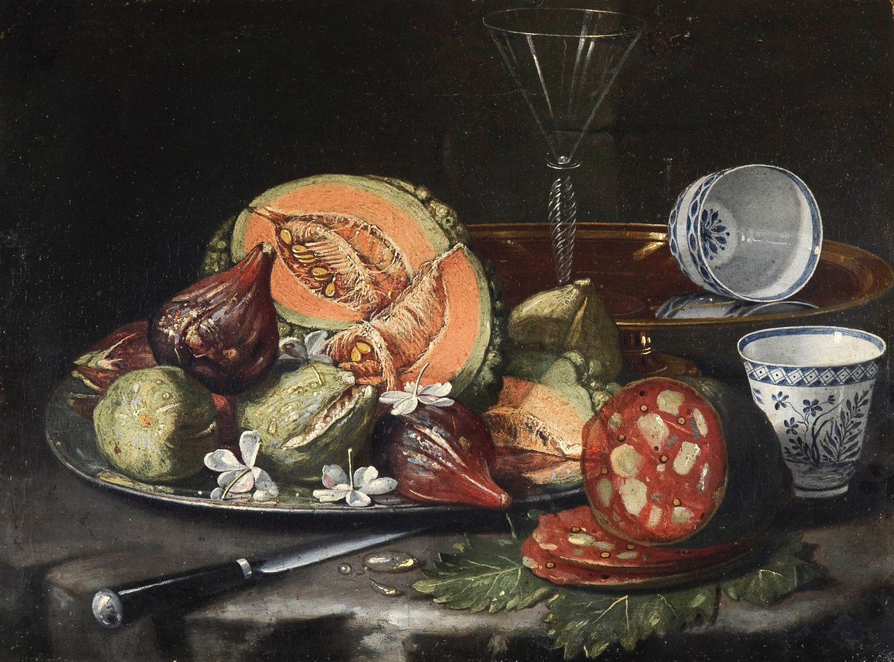""Still life"" (Still life) Melon, pølse, fiken og kinesisk porselen Maleri av Cristoforo Monari (Munari) (1667-1720), - Olje på lerret, 44x56 - Fondation Custodia av Cristoforo Munari
