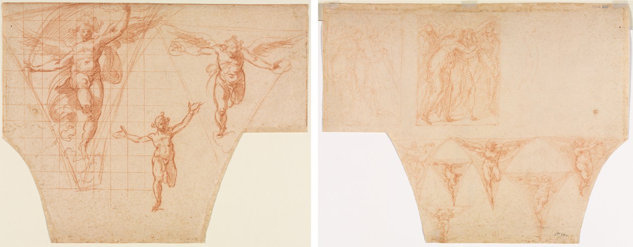 Tre studier av engler for en hengende (recto); Studier for Kristus som møter sin mor på veien til Golgata, studier av en engel i en hengende (verso) av Cristoforo Roncalli