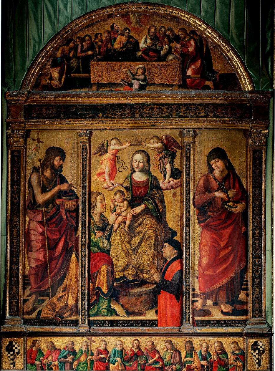 Triptyk av St. Catherines mystiske ekteskap, omgitt av de hellige døperen Johannes og evangelisten Johannes (Tremaleri av Cristoforo Scacco
