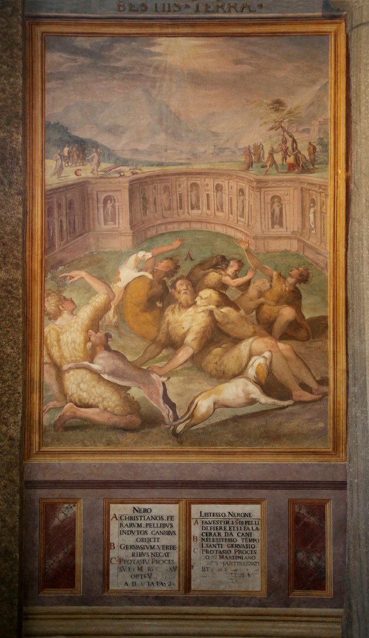 Hellige, muligens Gervais og Protais, kastet til dyrene av Cristoforo and Tempesta, Antonio Roncalli