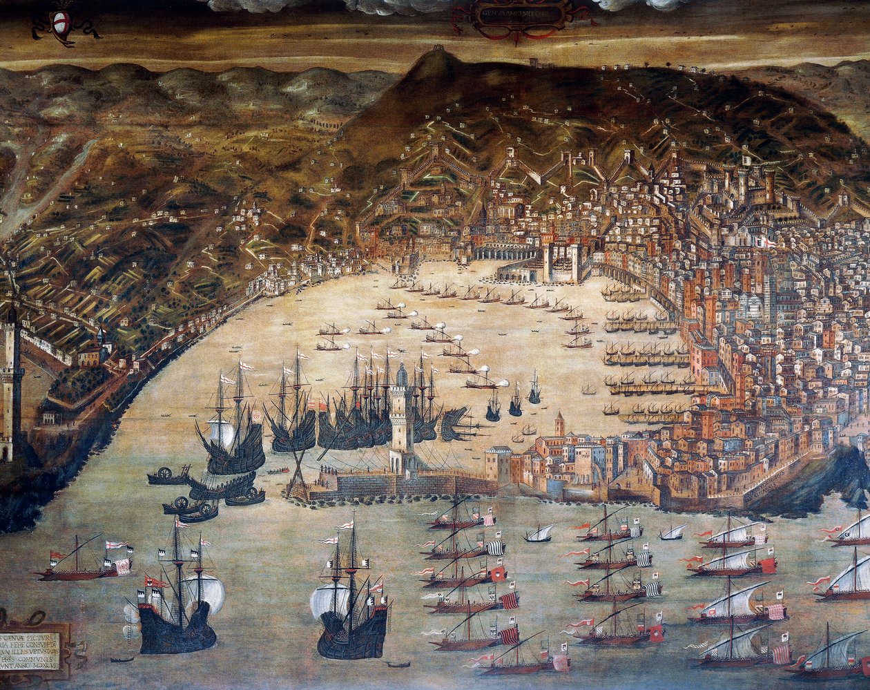 Utsikt over Genova og dens havn, Maleri av Cristoforo Grassi (1565-1598), Italia av Cristoforo de Grassi