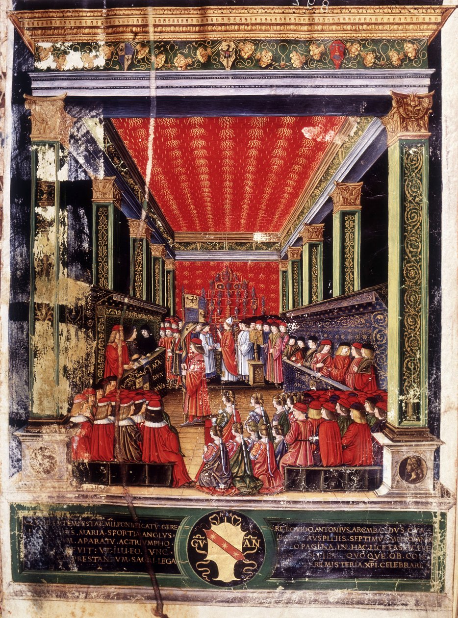 Induksjon av Ludovic Marie Sforza dit le More (Ludovico Maria Sforza kalt il Moro) (1452-1508) - belysning fra kardinal Arcimboldis Missal, laget av den berømte miniaturisten Cristoforo de Predis. Capitular Library, Milano. av Cristoforo De Predis