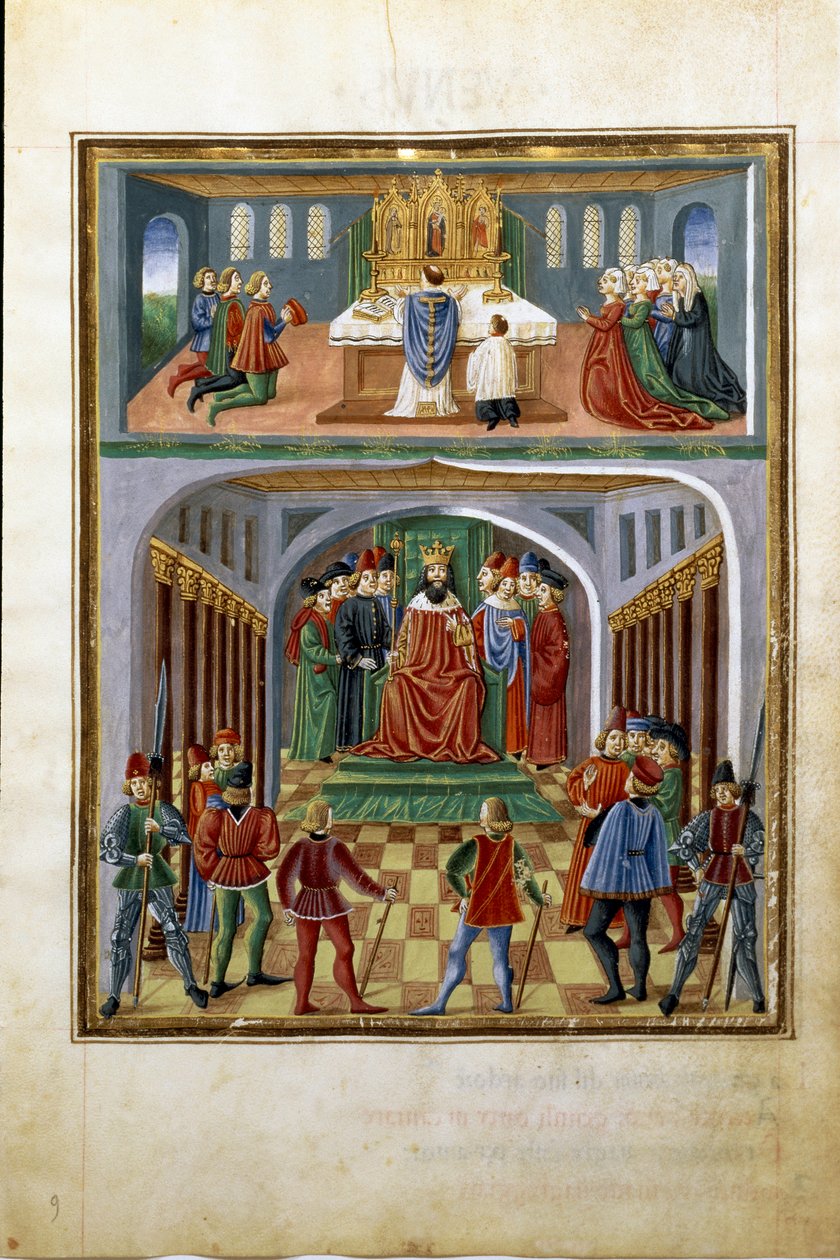 Solens innflytelse: timelige krefter (konge før hans hoffmenn) og åndelige krefter (prest som tjener i en kirke). (miniatyr, ca. 1470) av Cristoforo De Predis