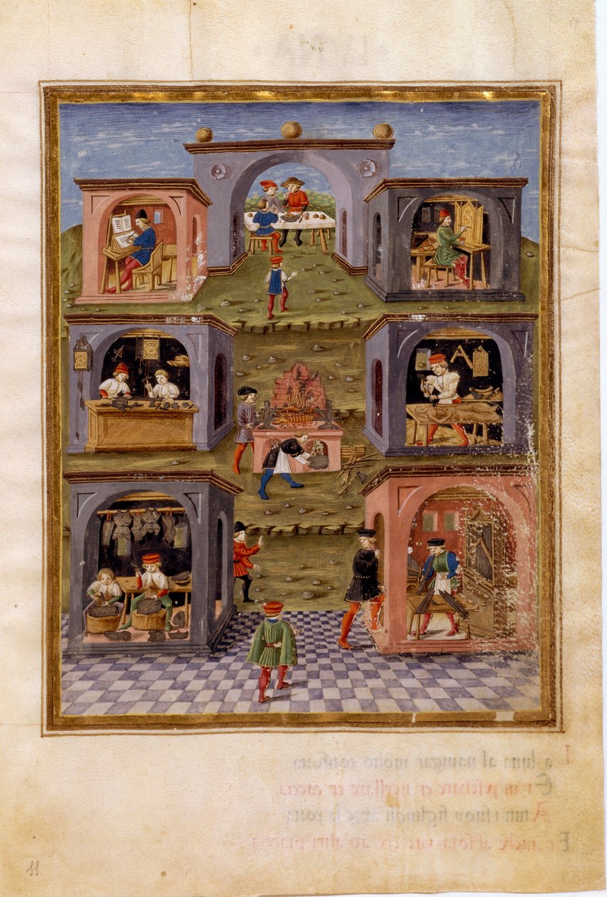 Innflytelser fra Merkur: håndverkerne. En matlagingsscene omgitt av en måltidsscene, en kopist, en urmaker, en våpenmaker, en orgelmaker, en skulptør og en hellig kunstmaler (miniatyr, ca. 1470) av Cristoforo De Predis