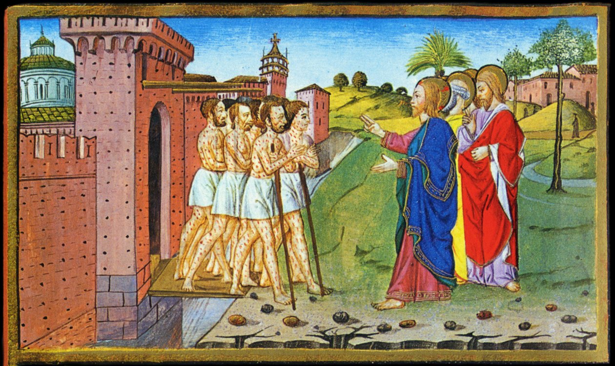 Jesus og de spedalske. Miniatyr av Cristoforo av Predis - i Historia of the new testament av Cristoforo De Predis