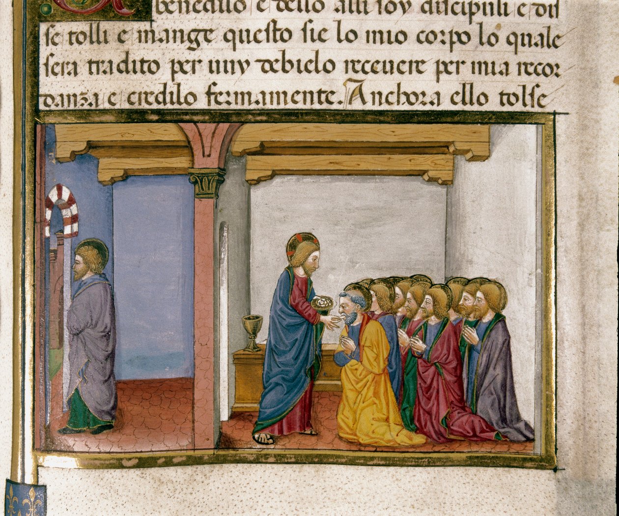 Jesus gir brød til apostelen, symbol på kroppen hans, mens Judas kommer ut Miniatyr fra Cristoforo De Predis (1440-1486) etter historien til Det nye testamente av Cristoforo De Predis