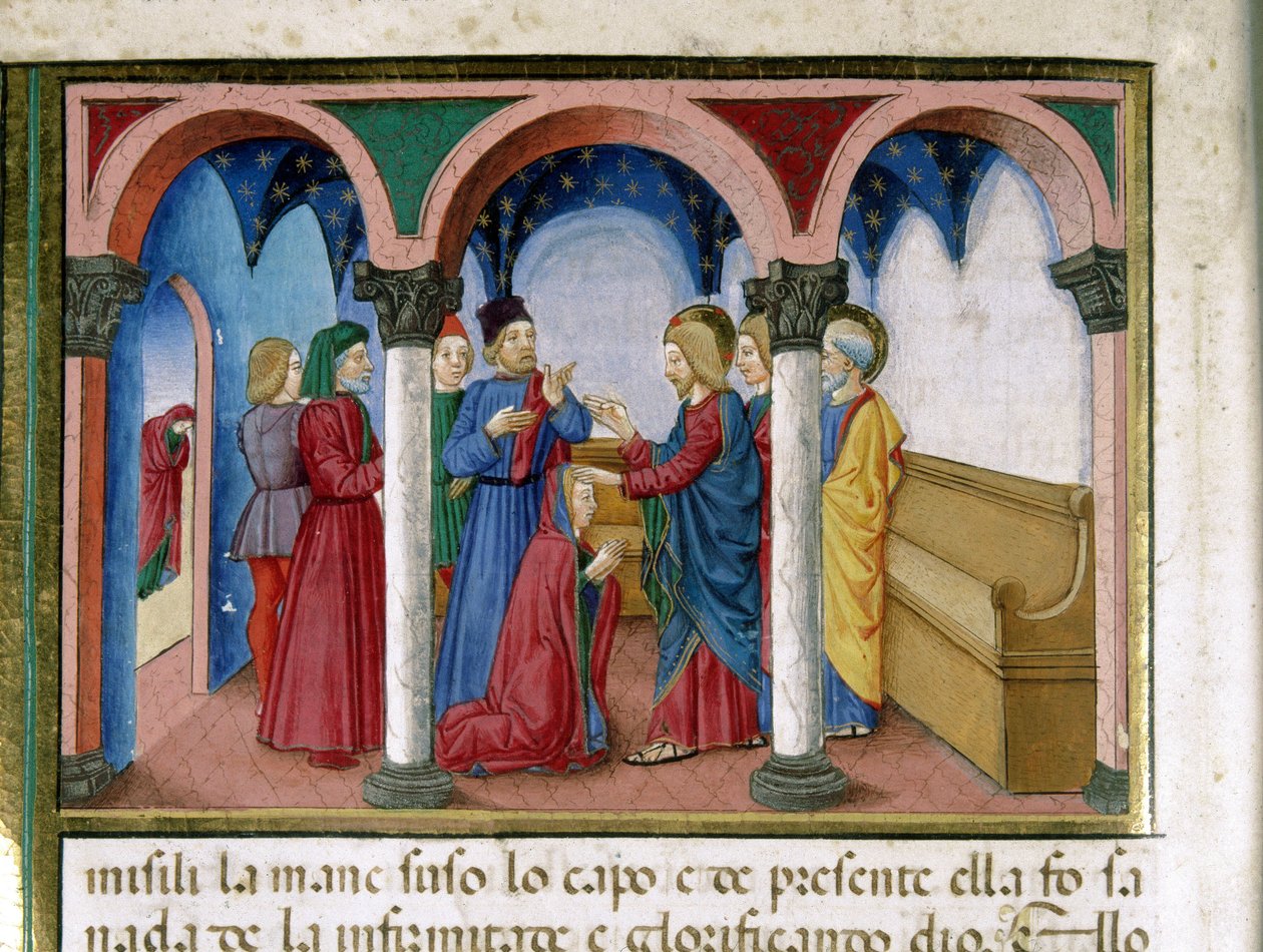 Jesus retter opp en kvinne med vridde medlemmer i en miniatyrsynagoge av Cristoforo De Predis (1440-1486) etter Det nye testamentes historie (fol. 78) av Cristoforo De Predis