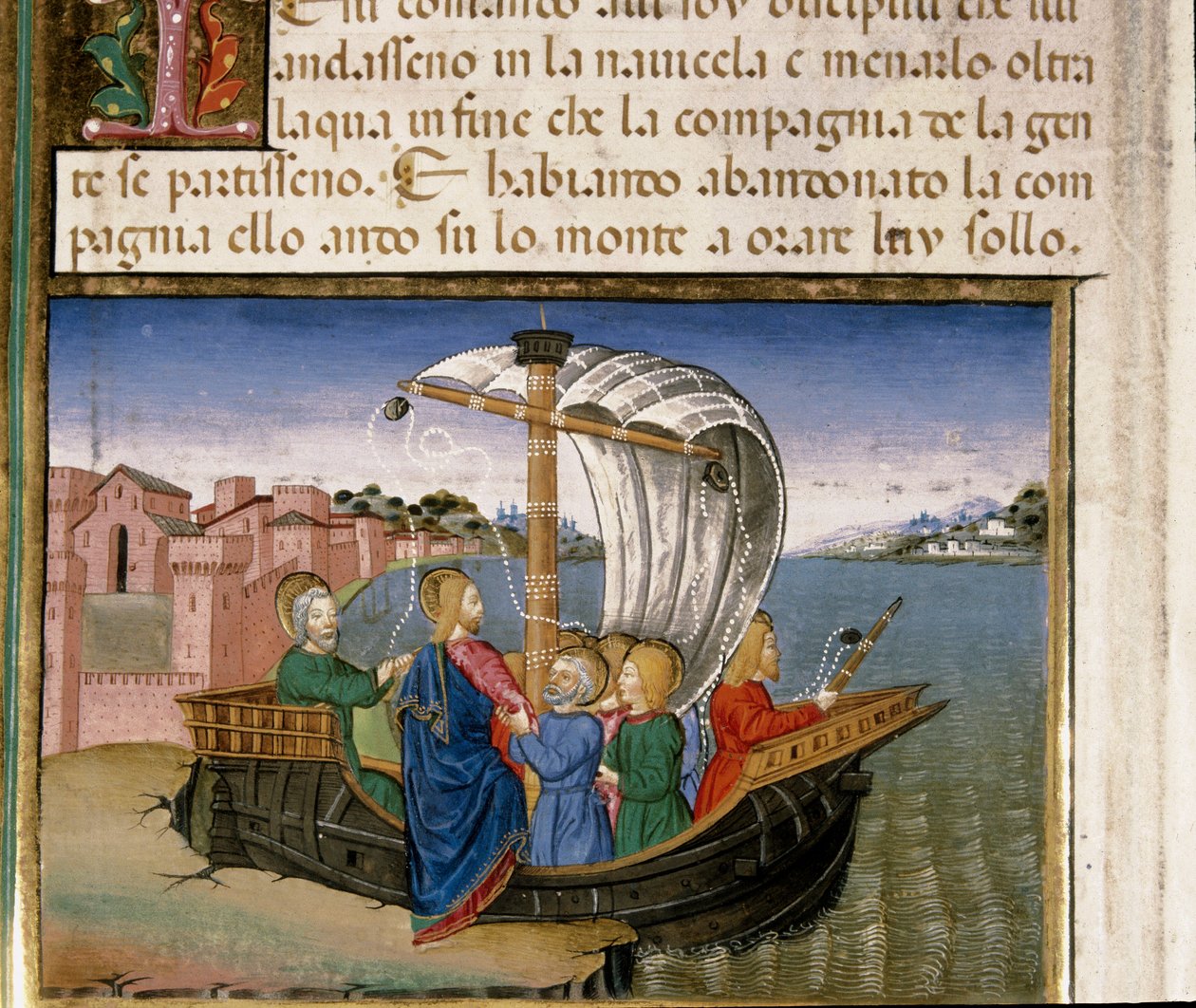 Jesus ber apostlene gå med båt til Capharneum mens han drar for å be på miniatyrfjellet Cristoforo De Predis (1440-1486) etter historien til Det nye testamente av Cristoforo De Predis
