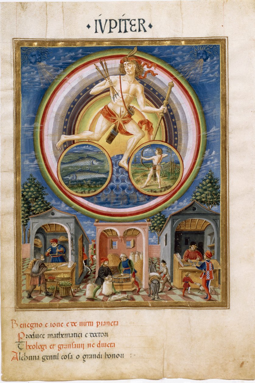 Jupiter med stjernetegn på fisk og Skytten. Forhandlere som selger ulike varer. (miniatyr, ca. 1470) av Cristoforo De Predis