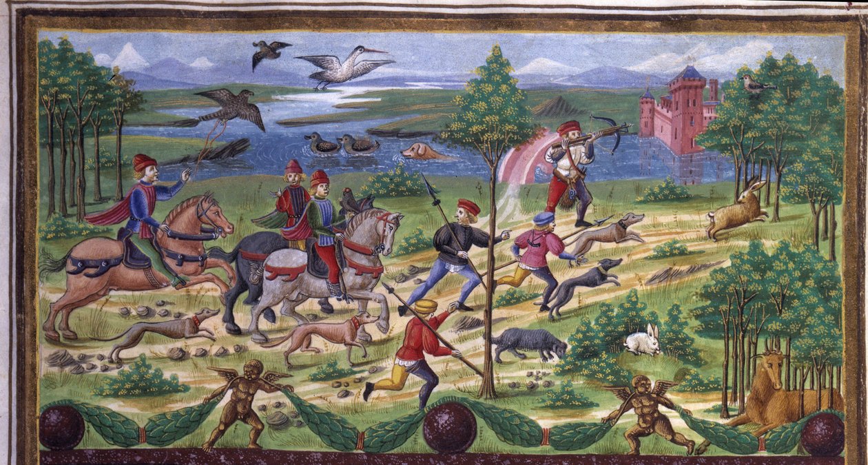 Jaktdetalj i "" Innflytelse av mars "": jakt og bane. Miniatyr laget av Cristoforo de Predis (ca. 1440-c. 1486) - i “” De Sphaera ”” ”d