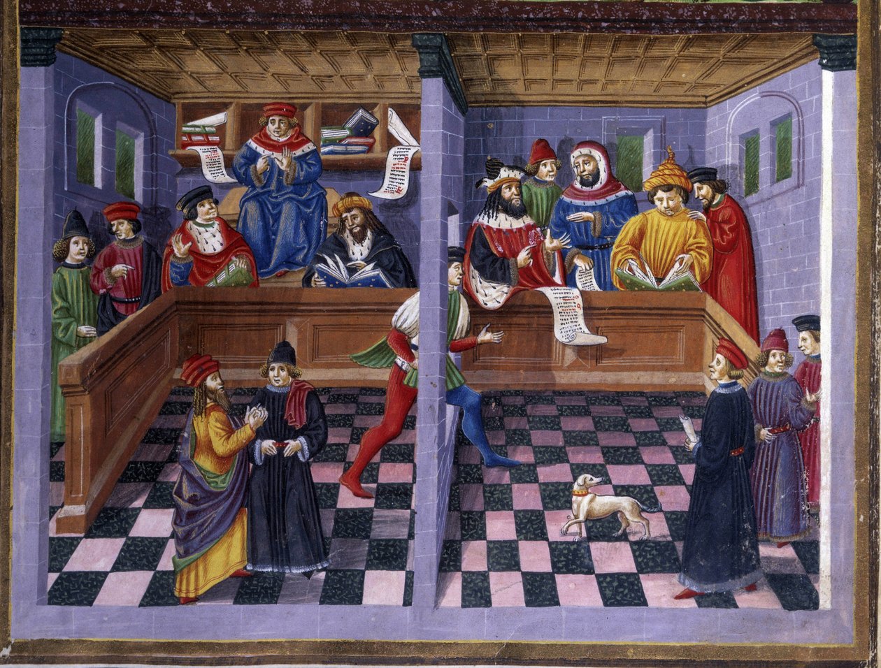 Tribunal (Il Tribunale) i "" Innflytelse av mars "": jakten og domstolen. Miniatyr laget av Cristoforo de Predis (ca. 1440-c. 1486) - i “” De Sphaera ”” ”d