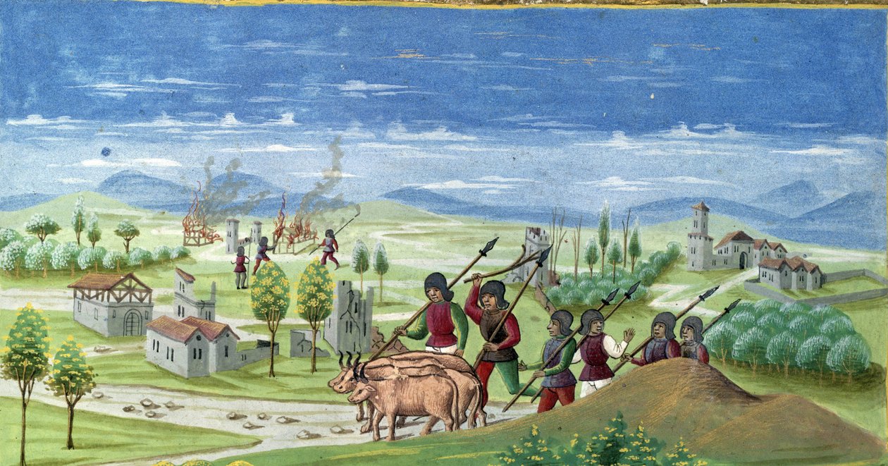 Plyndring under krigen. detalj av "" Sun Influence "": The War. Miniatyr laget av Cristoforo de Predis (v. 1440-v. 1486) - i “” De Sphaera””” d