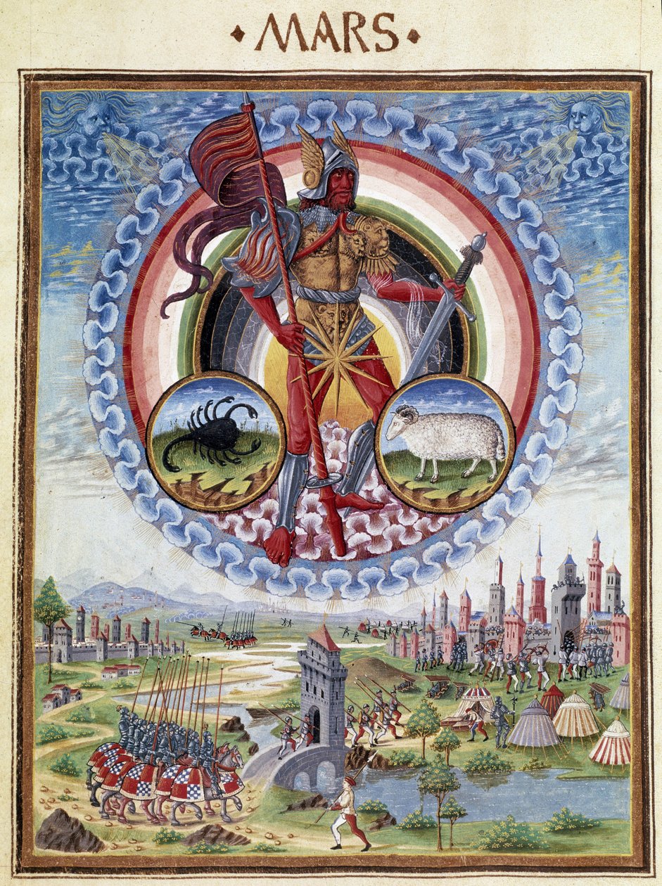 Mars med stjernetegnene skorpion og belier. I underetasjen, kampscenene. Miniatyr laget av Cristoforo de Predis (v. 1440-v. 1486) - i “” De Sphaera””” d