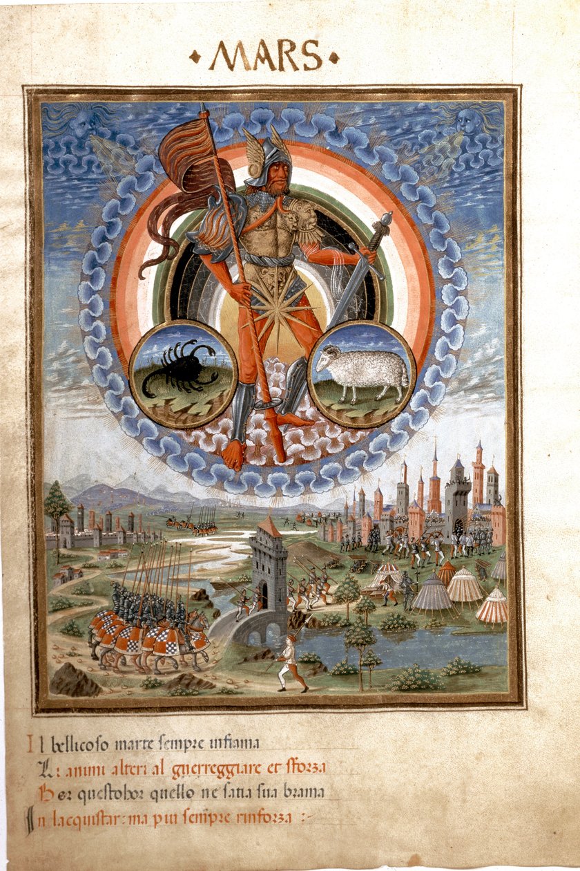 Mars med stjernetegnene skorpion og belier. Kampscenene. (miniatyr, ca. 1470) av Cristoforo De Predis