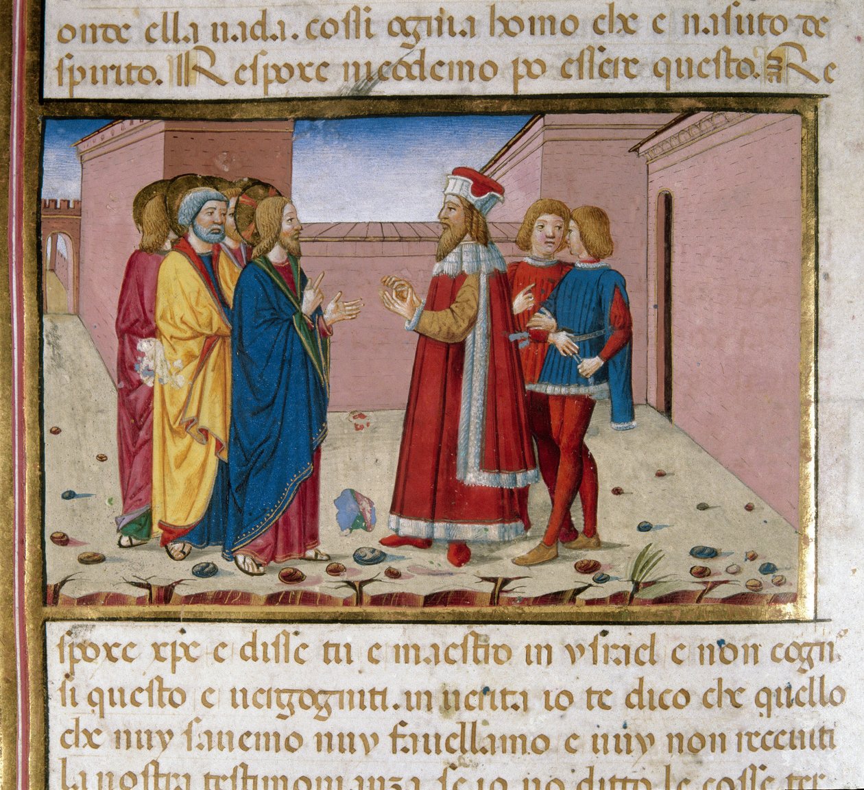Fariseeren Nikodema besøker Jesus miniatyr av Cristoforo De Predis (1440-1486) etter Det nye testamentes historie (fol. 58) av Cristoforo De Predis