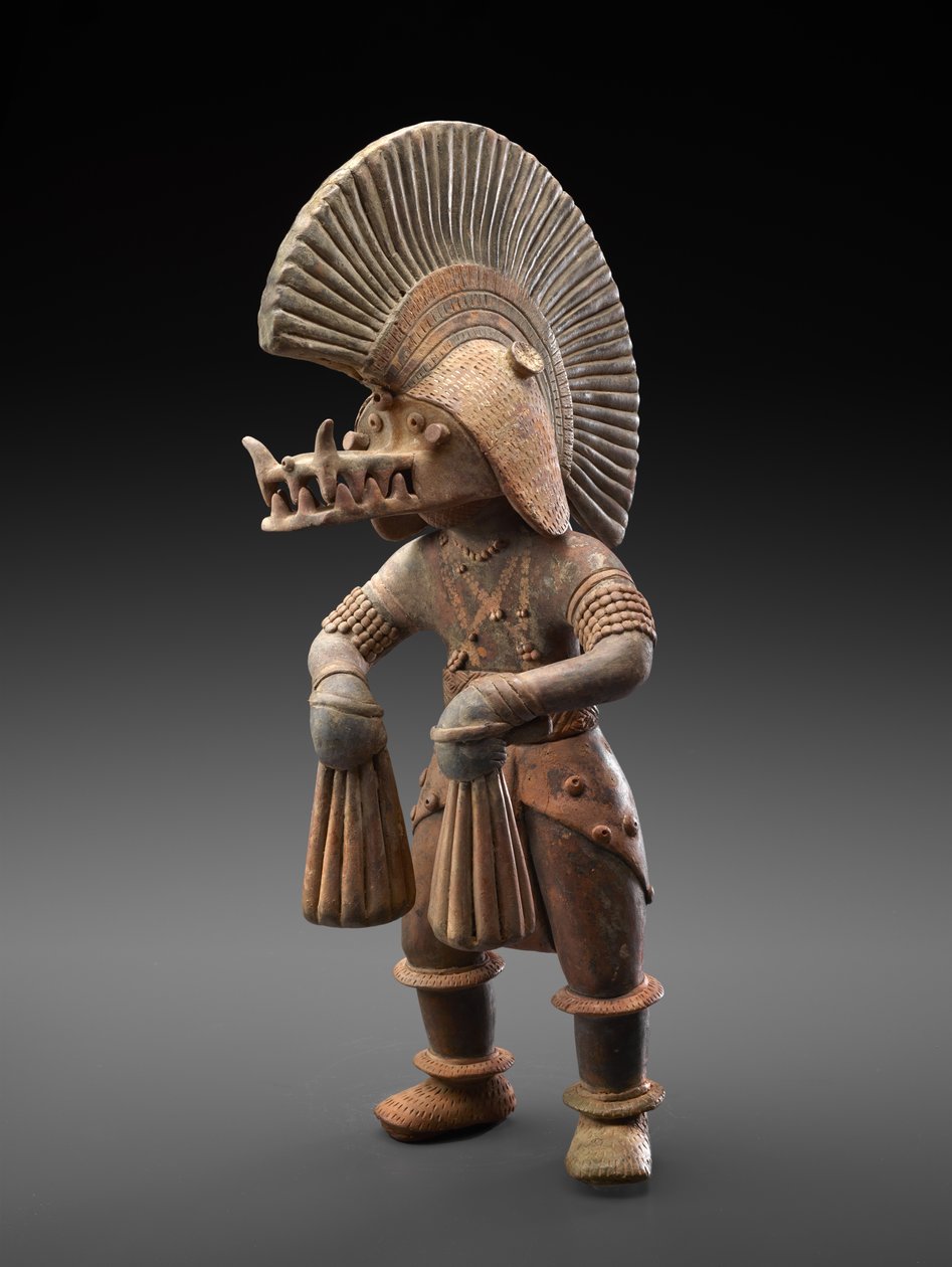 Danser med krokodillehjelm, 300 BC-300 AD (lertøy med spor av polykromt pigment) av Culture Colima