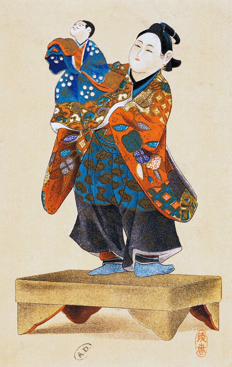 Dukkefører med dukke, dukketeater, ukiyo-e kunsttrykk, gjengivelse fra tresnitt, japansk sivilisasjon, Edo-perioden av Culture Edo