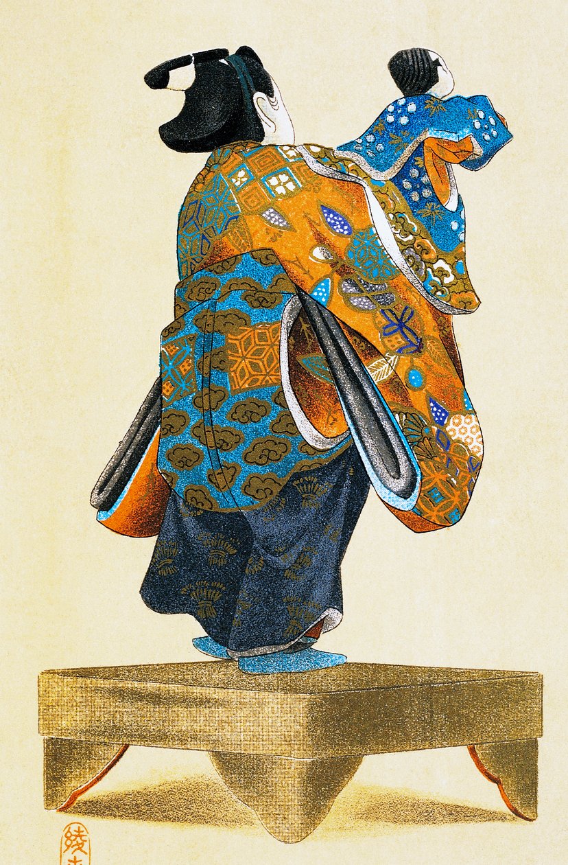 Dukkefører med dukke sett bakfra, ukiyo-e kunsttrykk, reproduksjon fra tresnitt, japansk sivilisasjon, Edo-perioden av Culture Edo