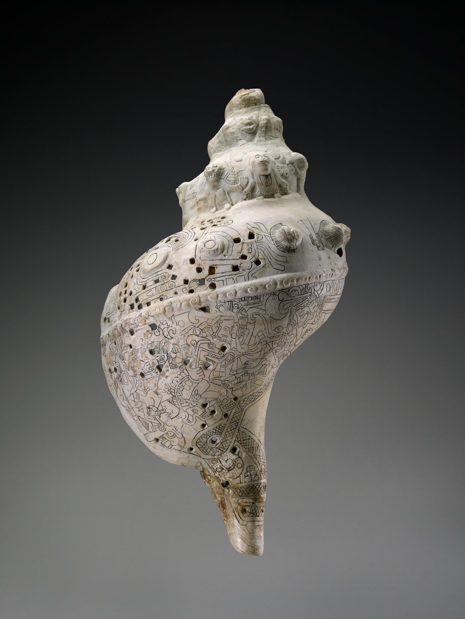 Himmelsk konkylie med hodeskaller, AD 900-1521 (skall) av Culture Huastec