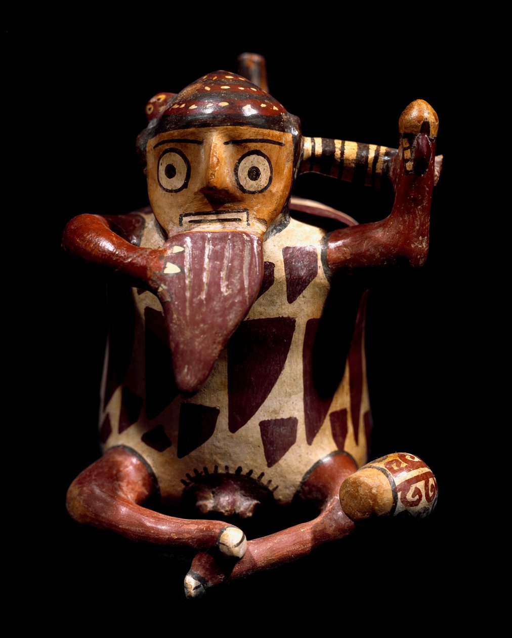 Pre-colombiansk kunst, Nazca-sivilisasjonen: antropomorf vase som representerer en musiker som spiller panfløyte. 100 f.Kr.-800 e.Kr. Lima, arkeologisk museum av Culture Nazca