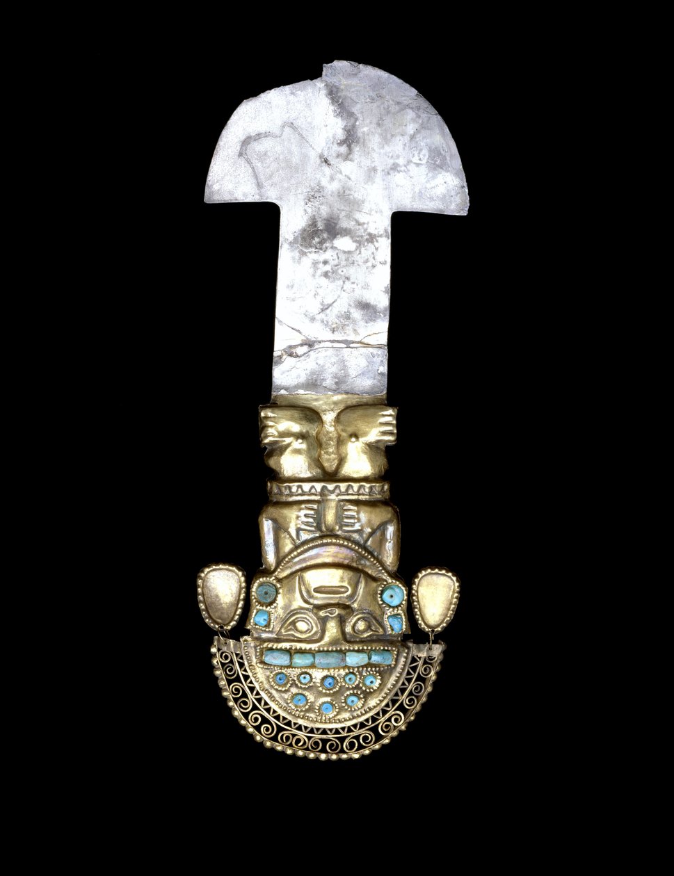 Seremoniell tumi, Middle Sicán-periode, 900-1100 (gull, sølv og turkis) av Culture Sicán