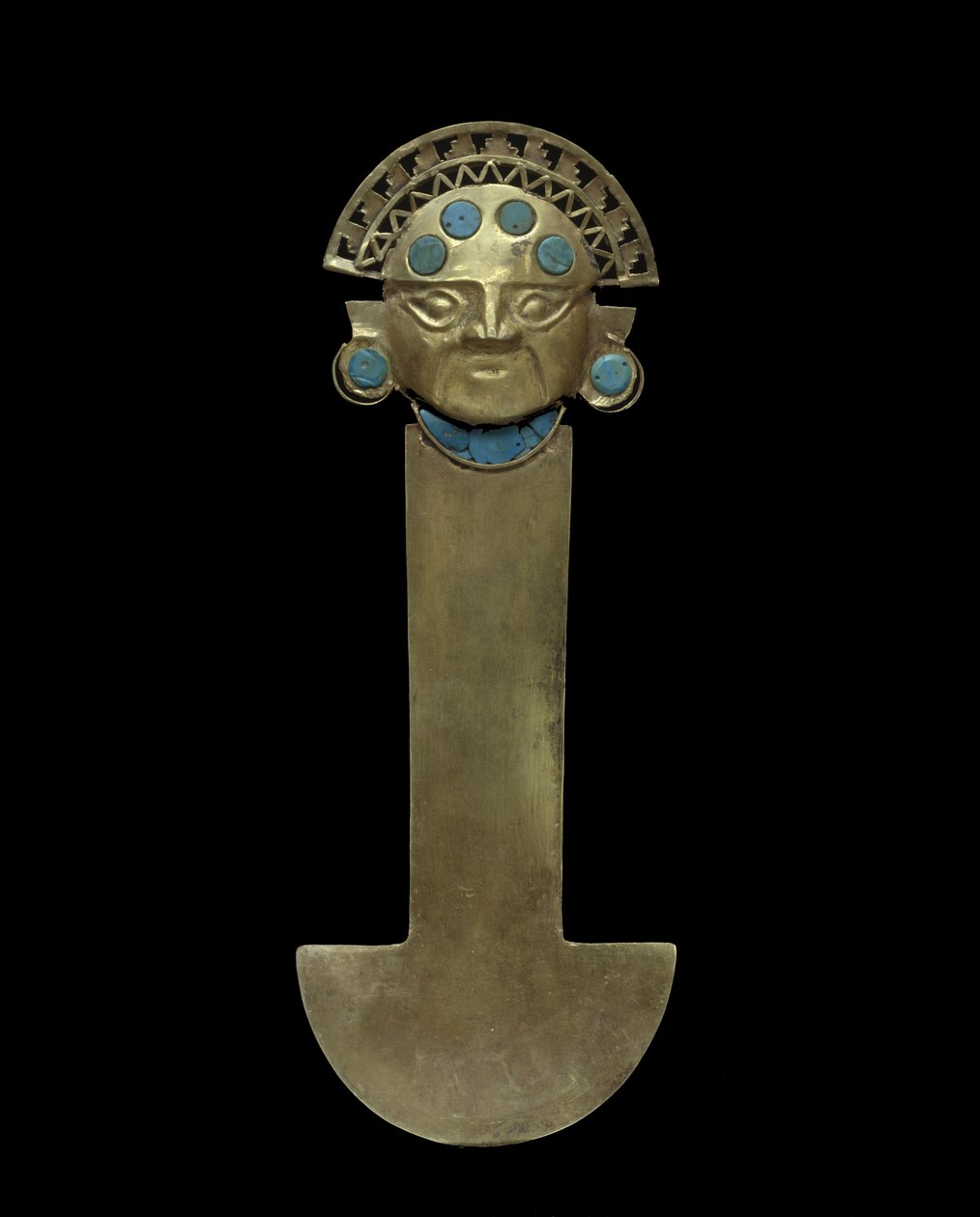 Tumi Knife, 800-1375 AD (hamret, jaget og filigrert gull med turkis innlegg) av Culture Sicán
