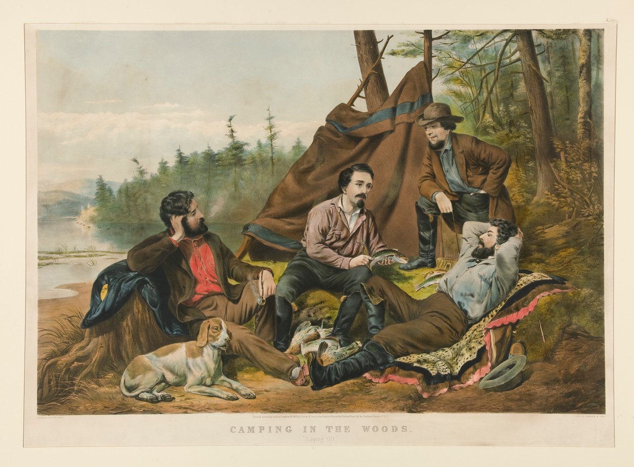 Camping i skogen. av Currier and Ives