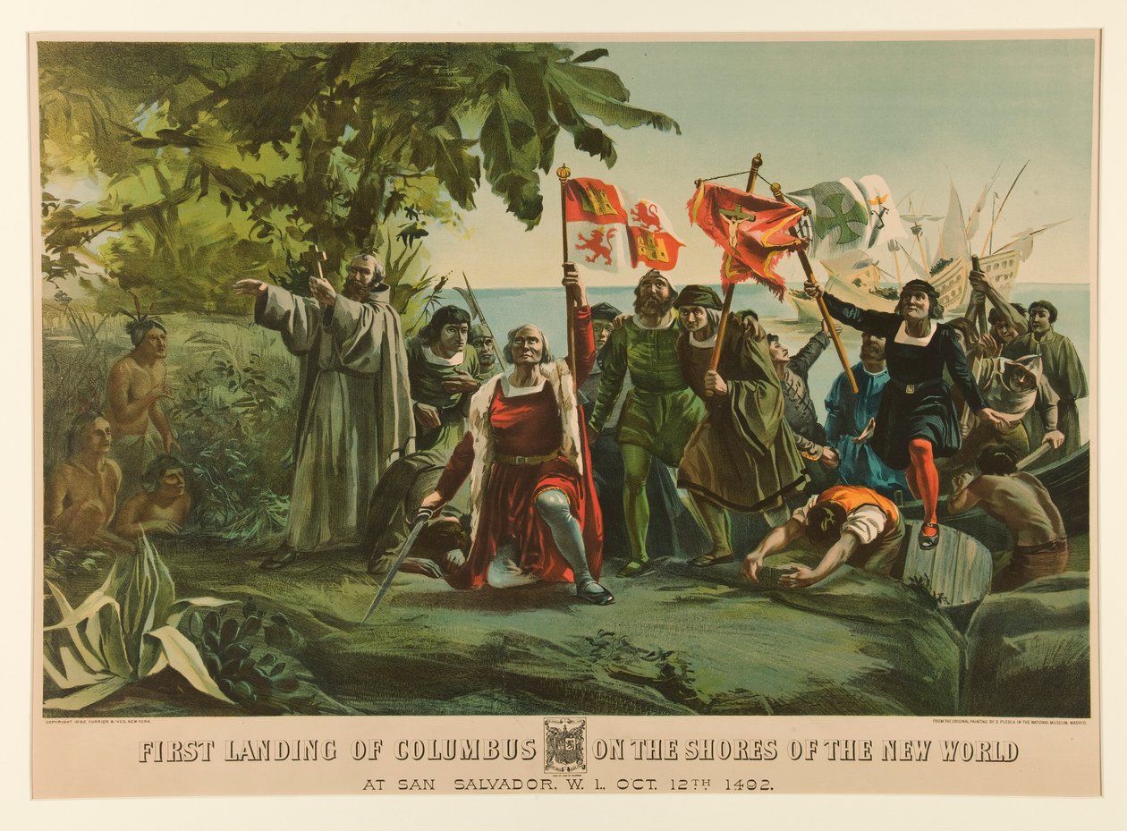 Første landing av Columbus på bredden av den nye verden av Currier and Ives