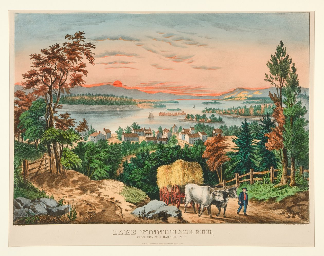 Lake Winnipiseogee, fra Center Harbor, NH av Currier and Ives