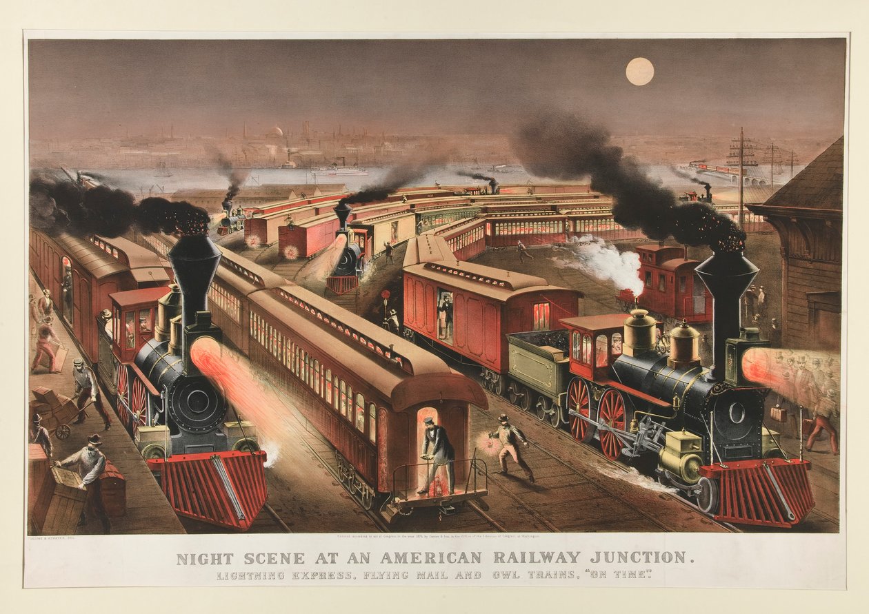 Nattscene ved et amerikansk jernbanekryss av Currier and Ives