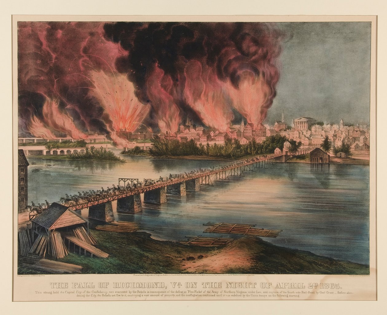 Fall of Richmond, Virginia, natten til 2. april 1865 av Currier and Ives