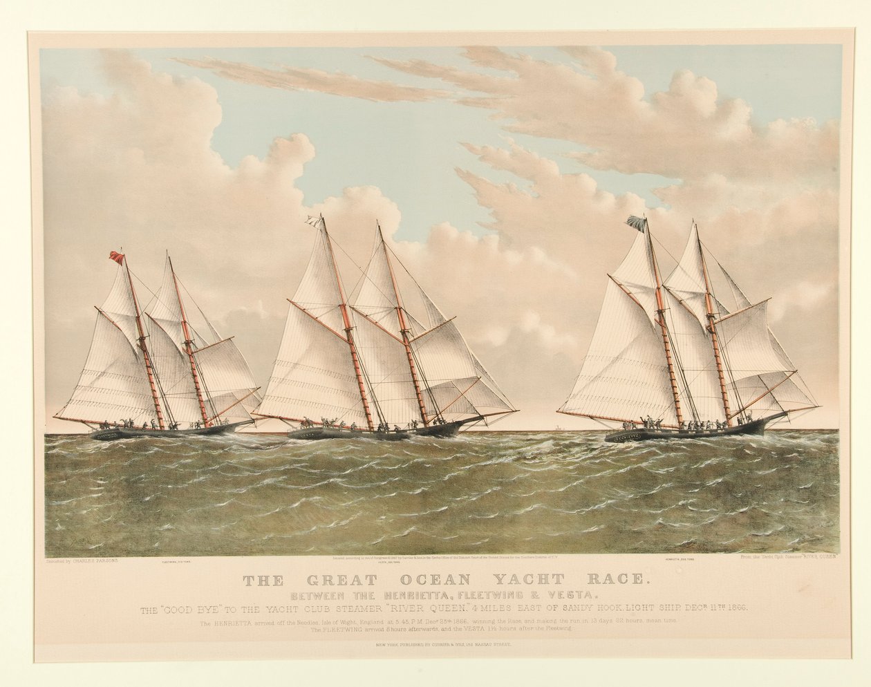 The Great Ocean Yacht Race mellom Henrietta, Fleetwing og Vesta av Currier and Ives